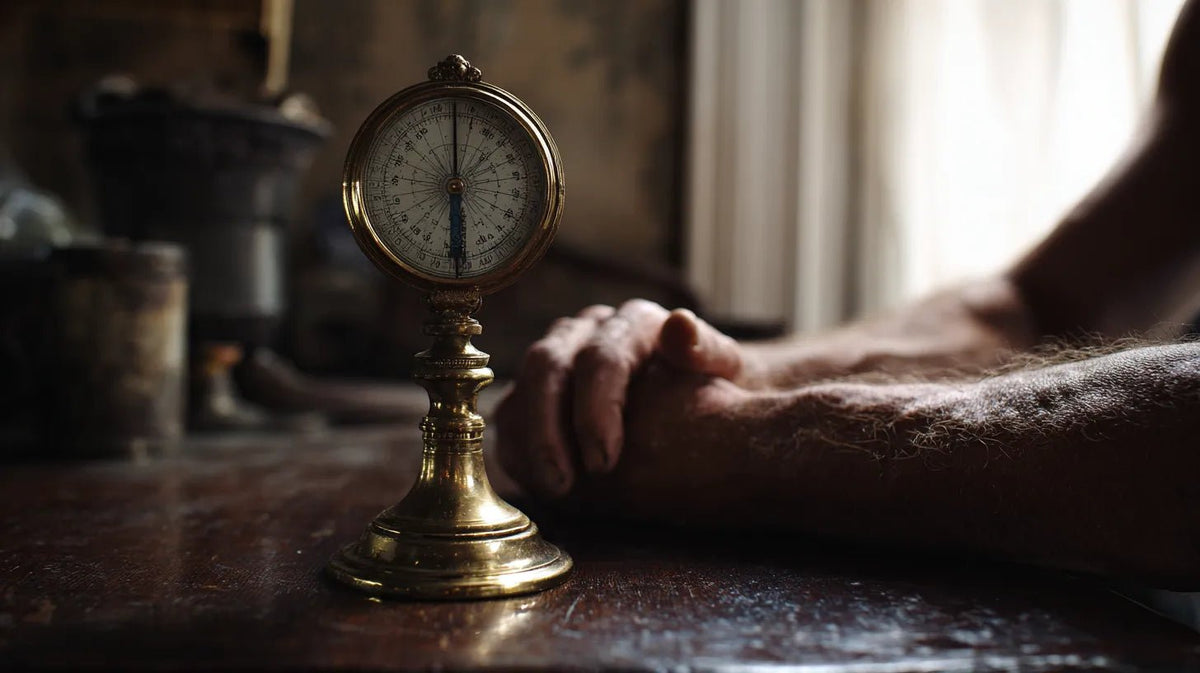 An antique brass barometer beside a tattooed forearm, the barometer on your arm