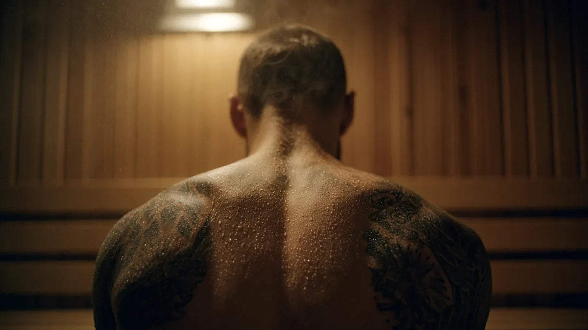 A tattooed man’s back in a steam room, do tattoos change the way you sweat