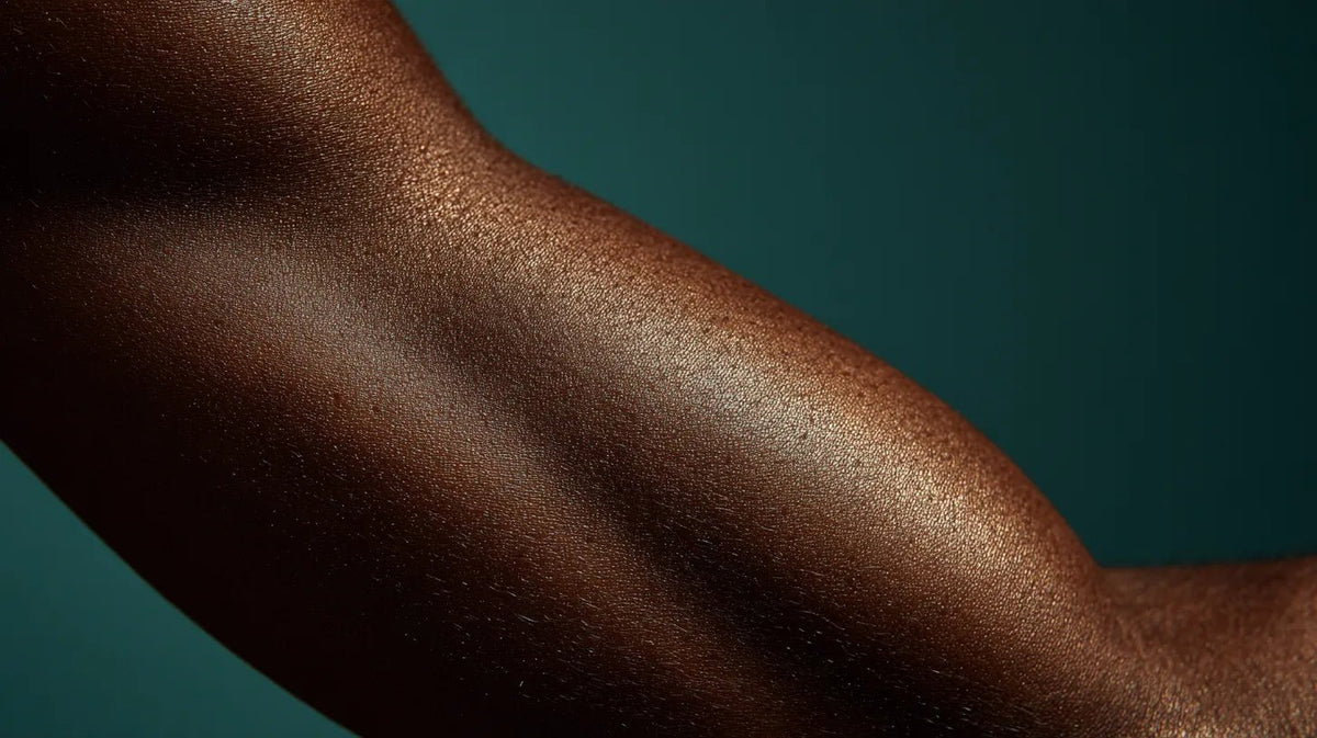 Tattooed deep brown skin in warm light, tattooing on darker skin tones