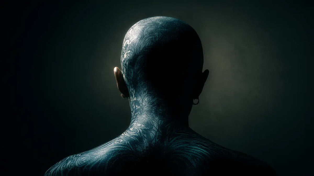 A heavily tattooed man seen from behind in shadow, the most tattooed people on Earth