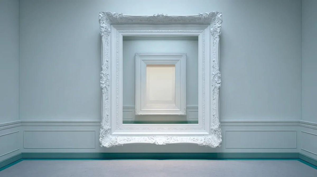 Nested empty picture frames in a pale gallery, the Ozempic tattoo