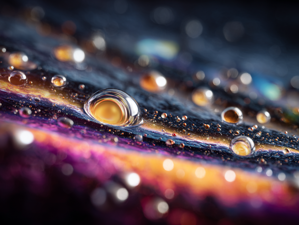 Macro of golden droplets on colour, the science of restoring a faded tattoo