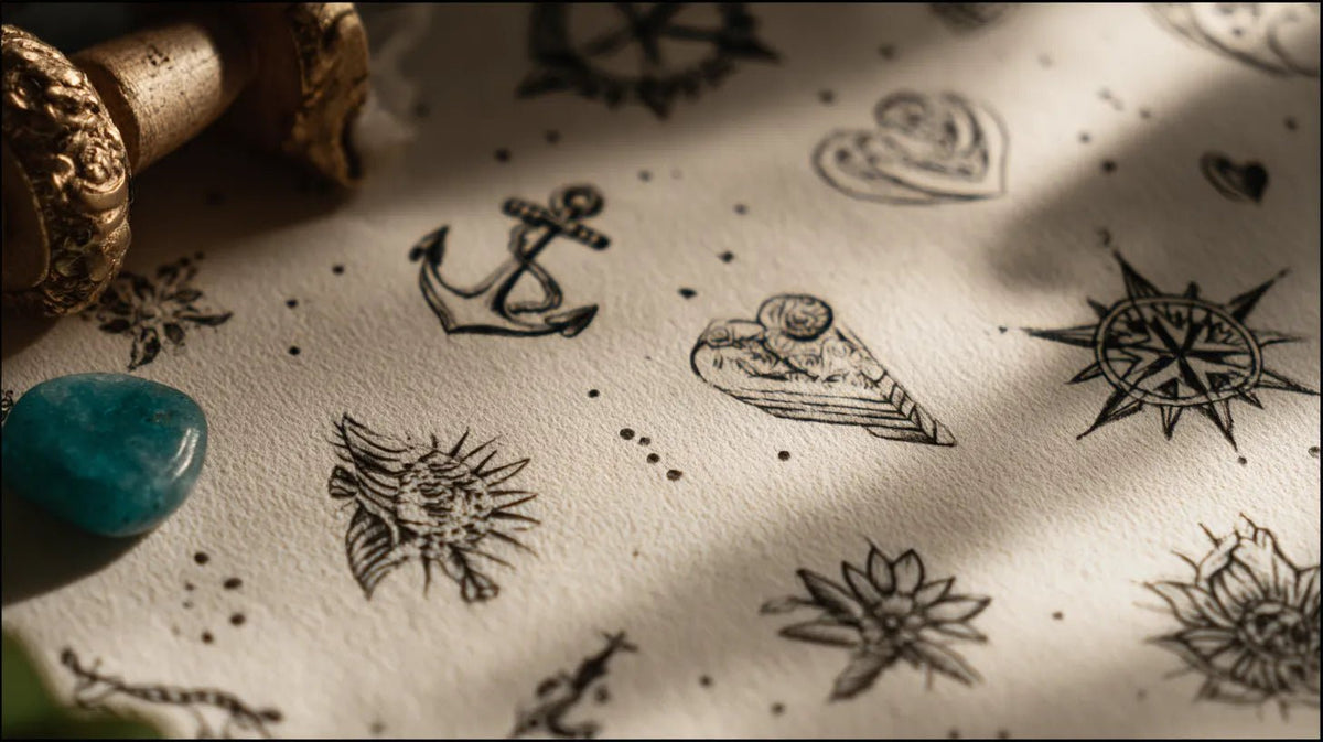 Traditional tattoo flash symbols on paper, what tattoo symbols mean