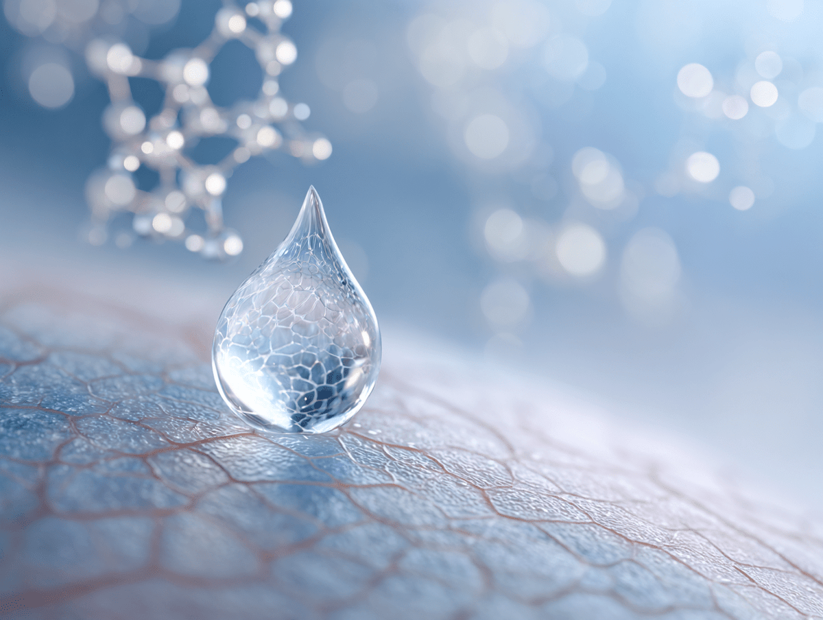 A water droplet on skin beside a molecular model, the science of skin preparation before a tattoo