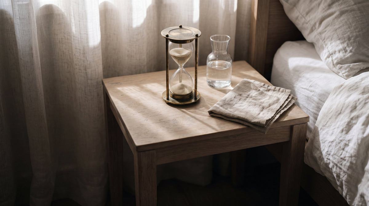 A brass hourglass on a bedside table in soft morning light, how long a tattoo takes to heal