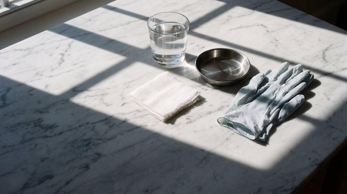 A glass of water, sterile gauze and gloves on marble in morning light, signs of an infected tattoo