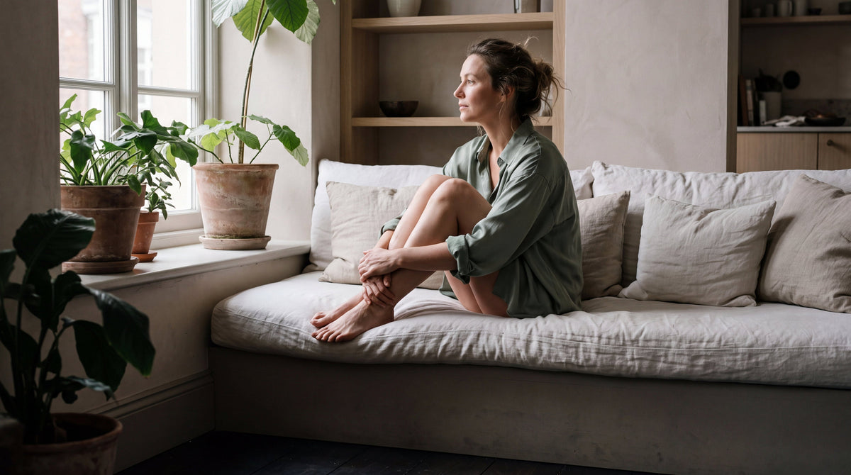 A woman on a window seat on the morning of her first tattoo appointment, preparing for your first tattoo