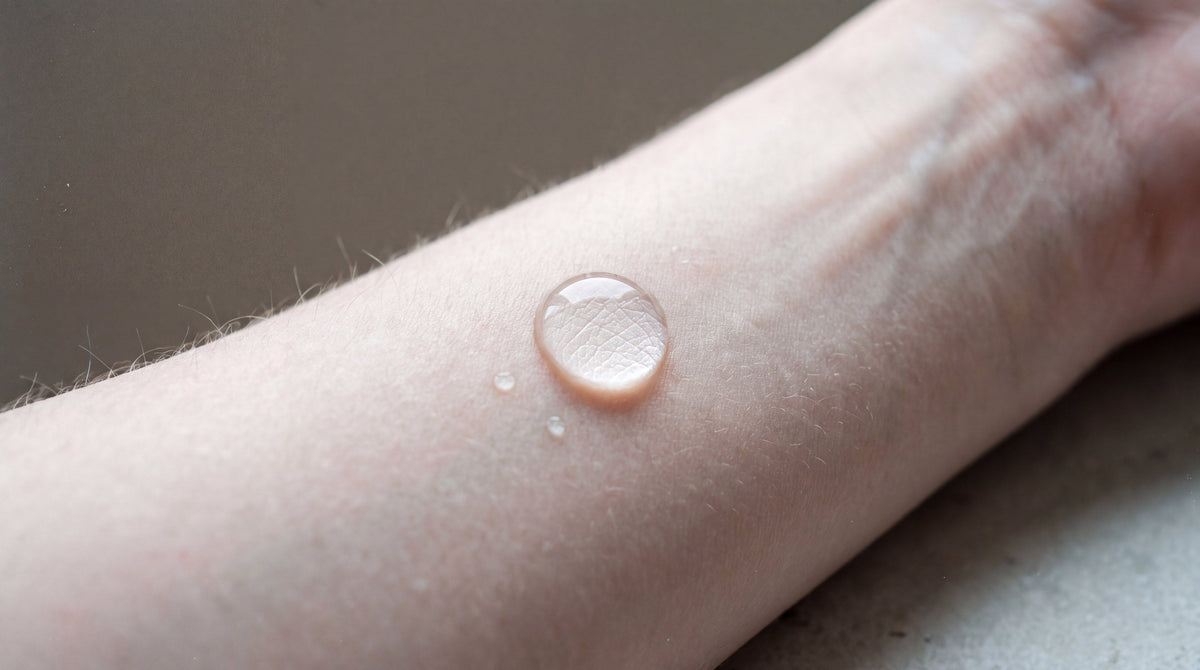 A single water droplet on the hydrated skin of an inner forearm, preparing skin before a tattoo