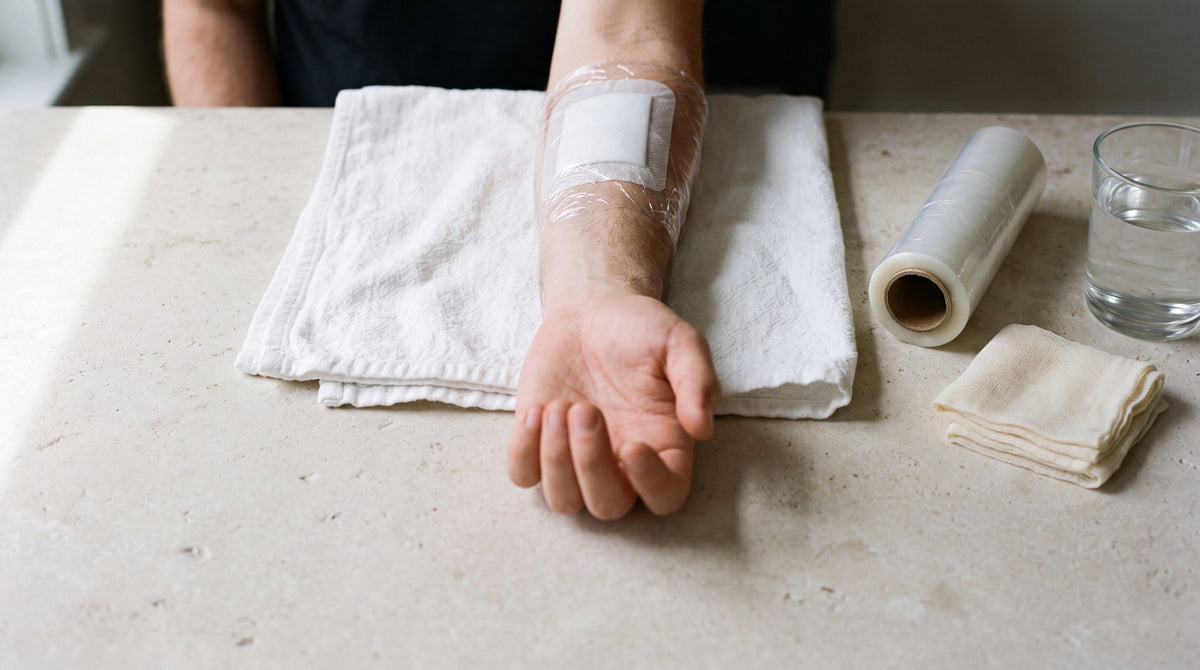 A freshly dressed forearm on a white towel beside clear film and gauze, tattoo aftercare in the first 48 hours