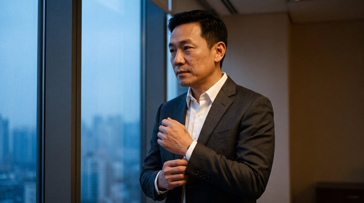 A man in a tailored suit adjusting his cuff at an office window at dusk, tattoos and the professional class