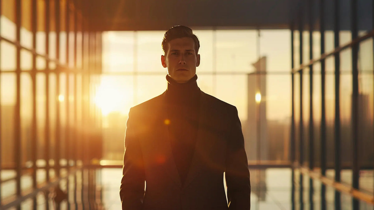 A man in a dark coat in a glass office corridor, tattoos as the new professional uniform