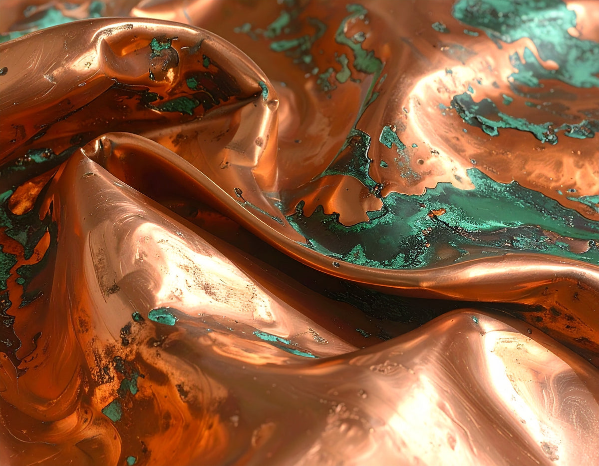 Liquid copper folds with a teal patina