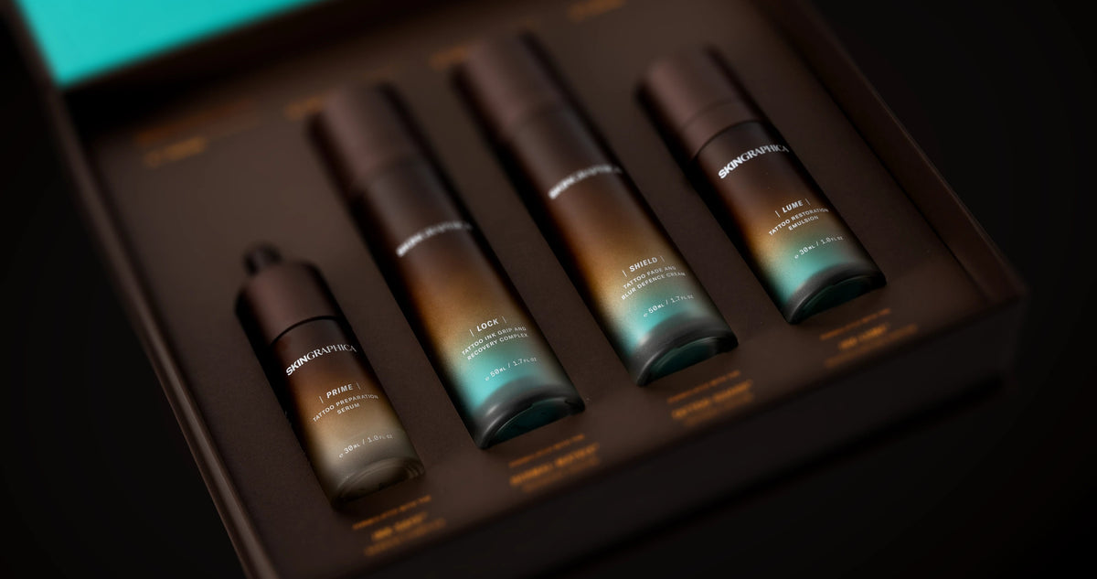 The SKINGRAPHICA luxury tattoo skincare range, PRIME, LOCK, SHIELD and LUME in their presentation box